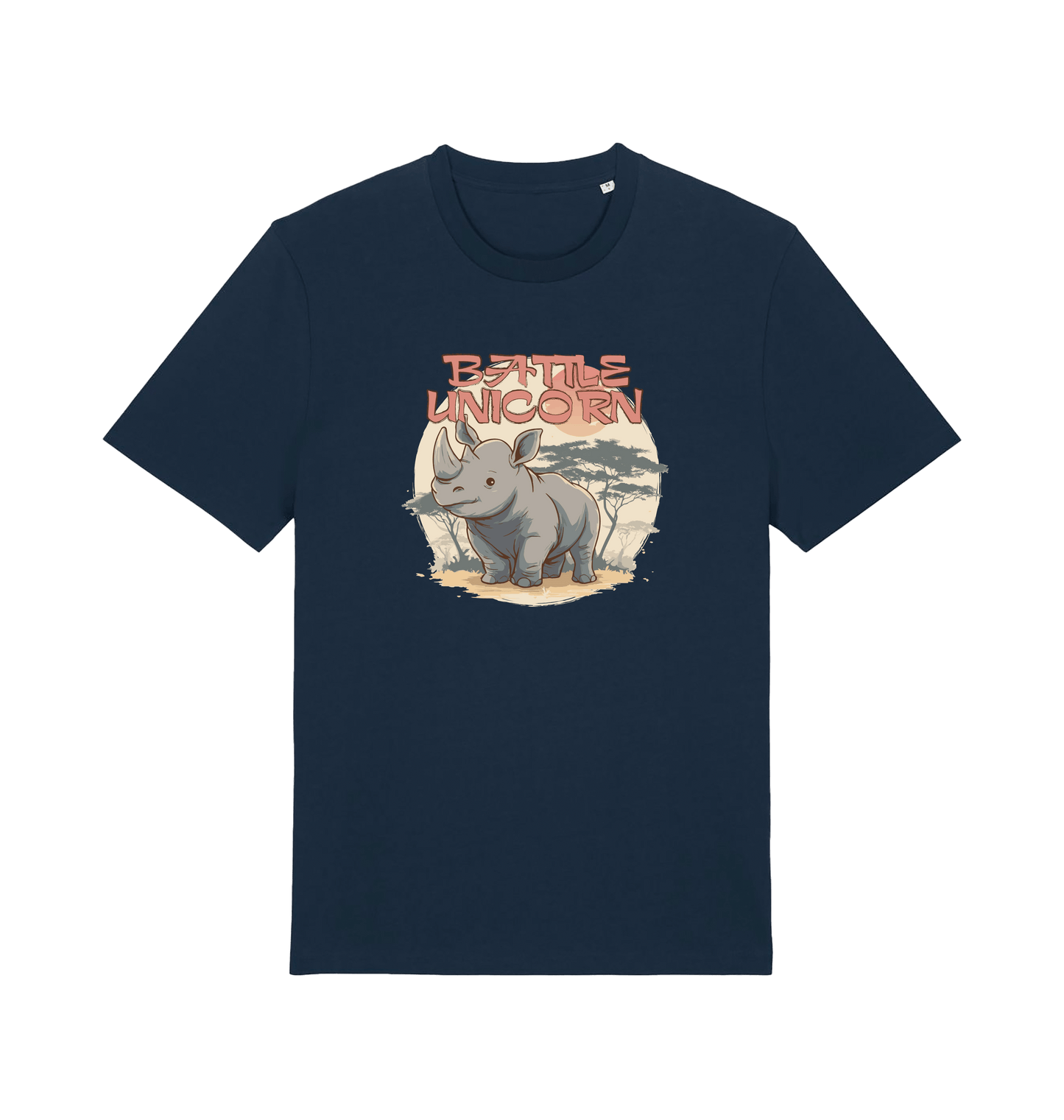 navy funny animal t-shirt with a graphic of a rhino and the slogan 'battle unicorn'