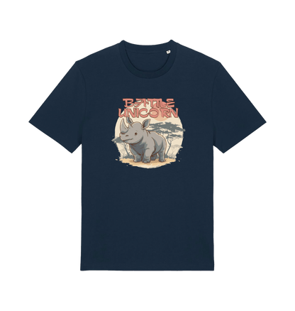 navy funny animal t-shirt with a graphic of a rhino and the slogan 'battle unicorn'