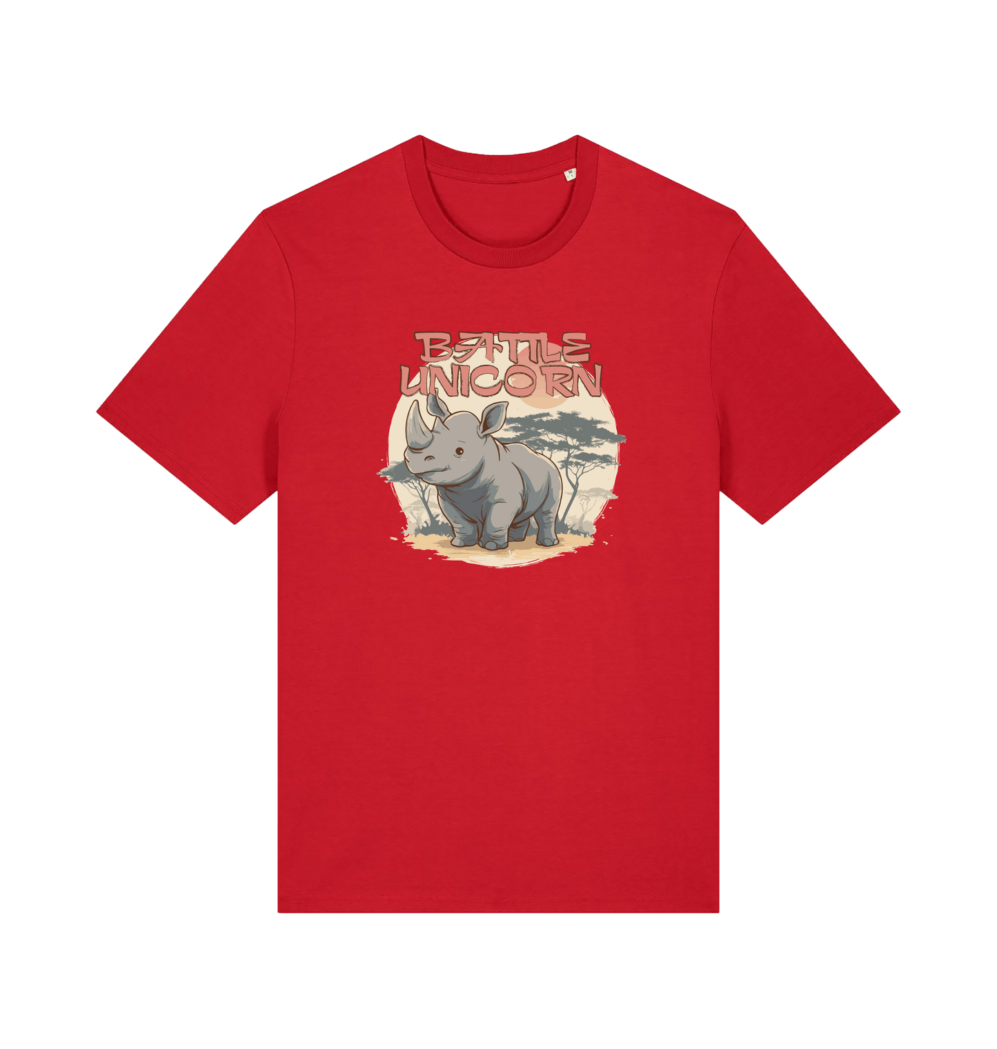 red funny animal t-shirt with a graphic of a rhino and the slogan 'battle unicorn'