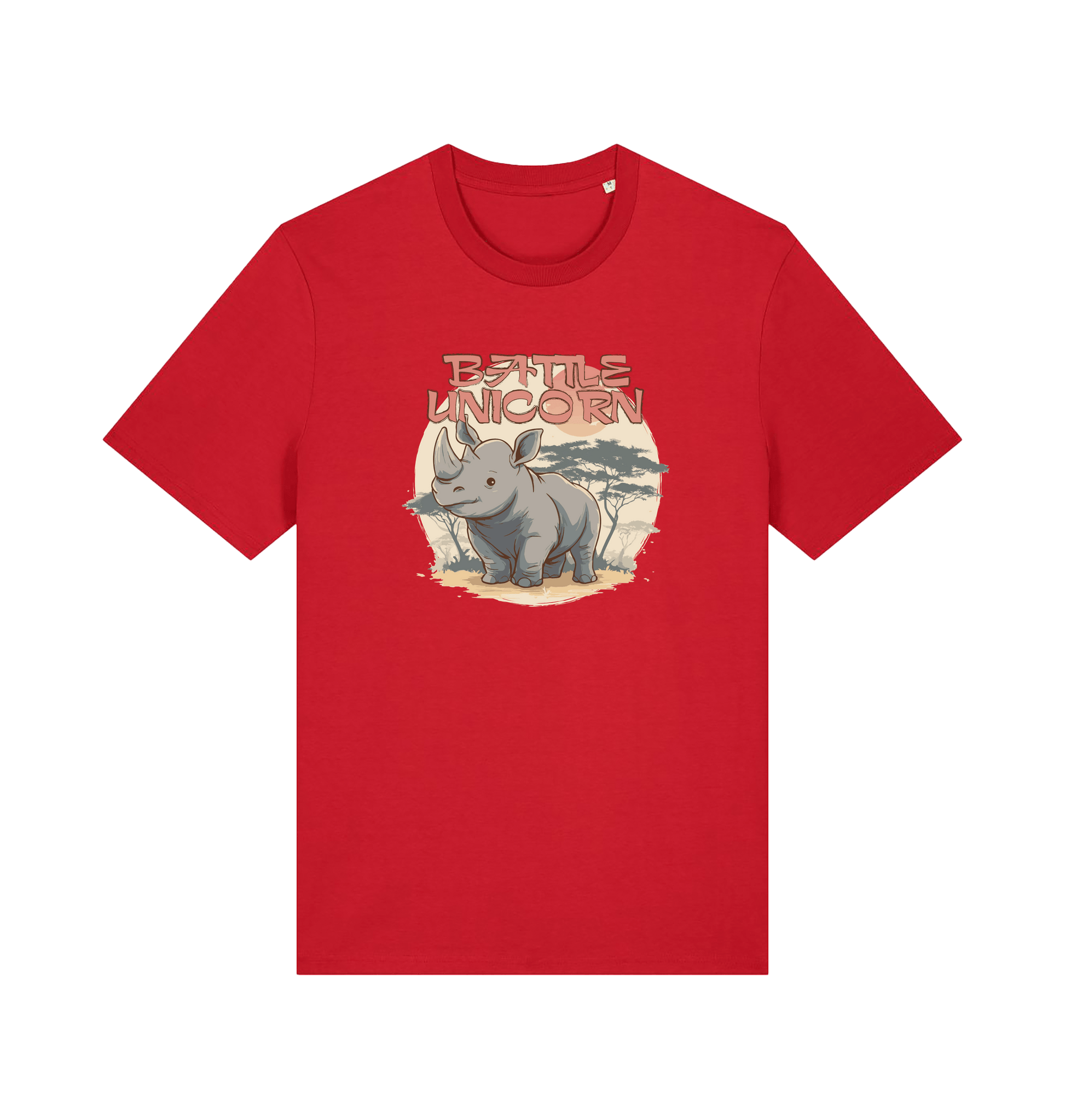red funny animal t-shirt with a graphic of a rhino and the slogan 'battle unicorn'
