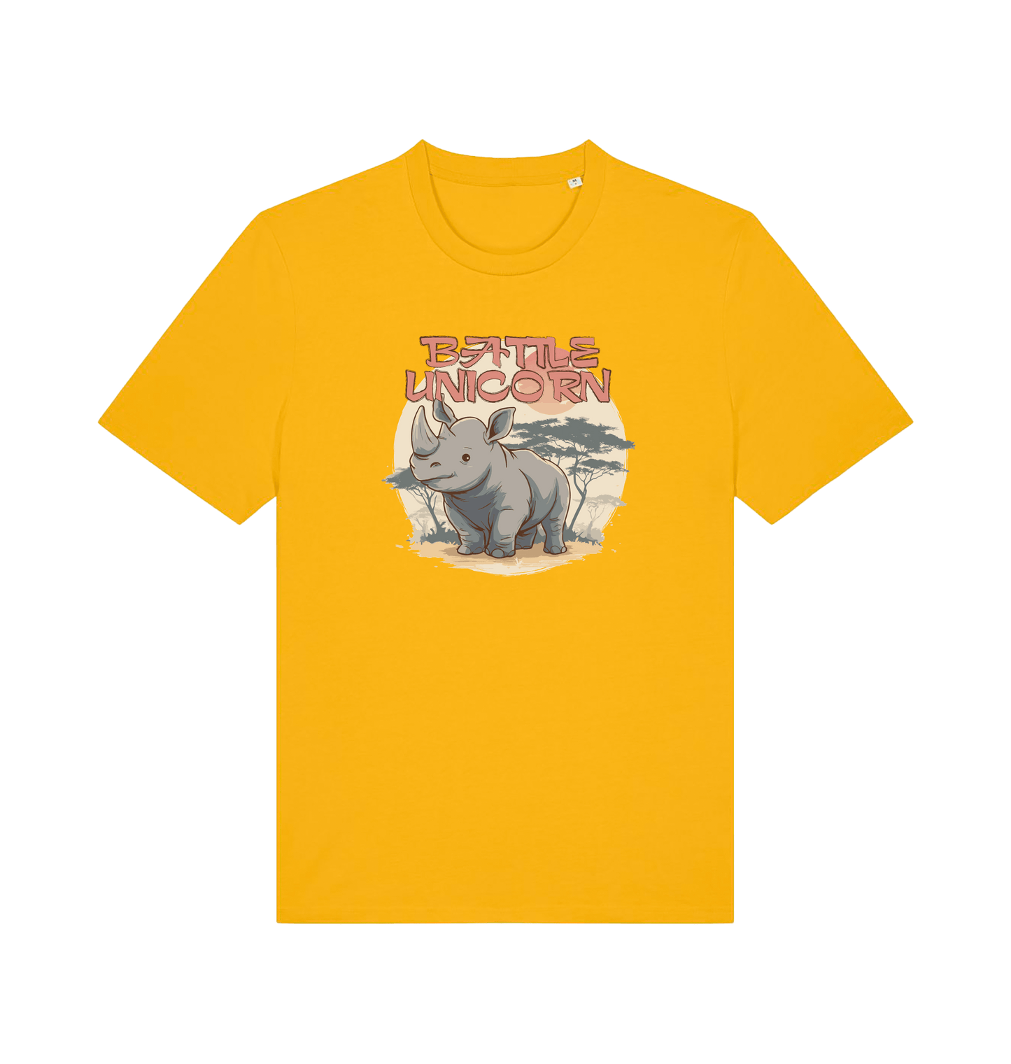 yellow funny animal t-shirt with a graphic of a rhino and the slogan 'battle unicorn'
