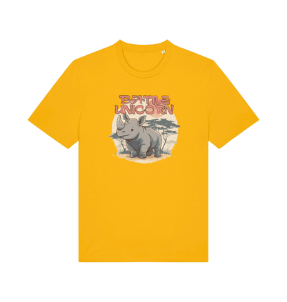 yellow funny animal t-shirt with a graphic of a rhino and the slogan 'battle unicorn'
