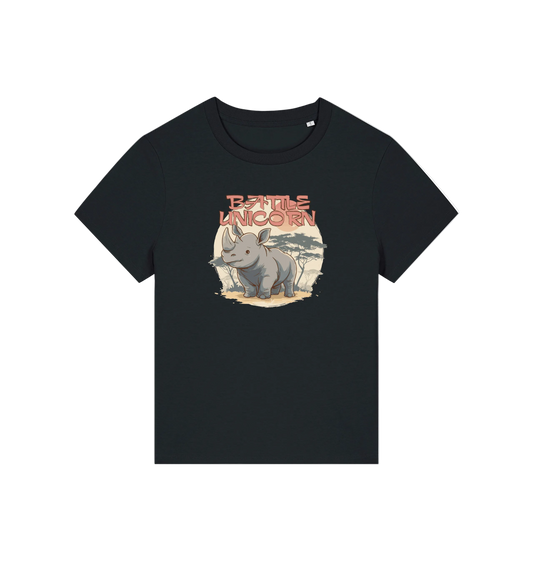 Black funny animal t-shirt with a rhino  graphic and the slogan 'battle unicorn'