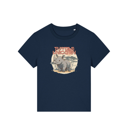 navy funny animal t-shirt with a rhino  graphic and the slogan 'battle unicorn'