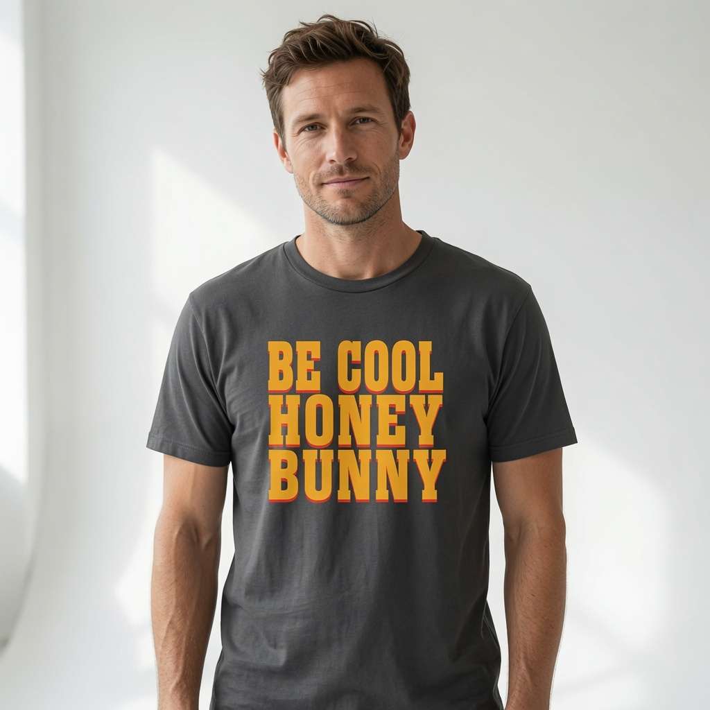 Man in dark grey Be Cool Honey Bunny t-shirt, ultimate film quote tee for movie fans