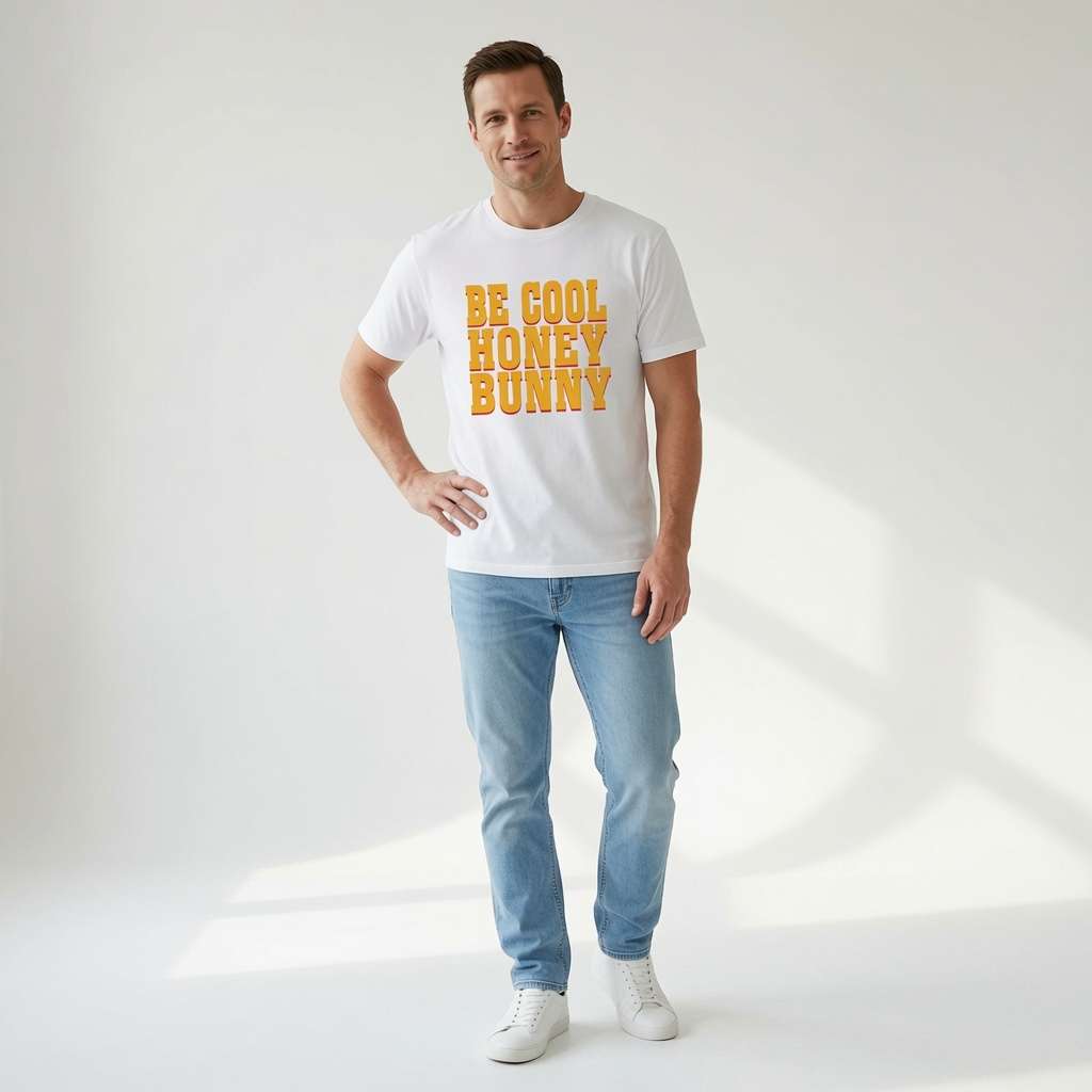 Man in white Be Cool Honey Bunny t-shirt, film relatable slogan quote mens tee
