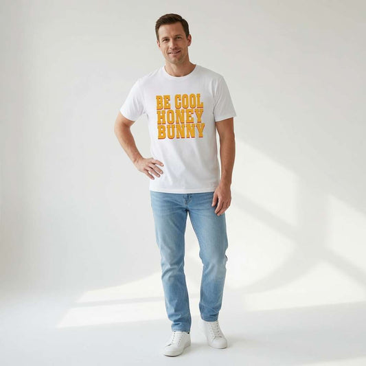 Man in white Be Cool Honey Bunny t-shirt, film relatable slogan quote mens tee