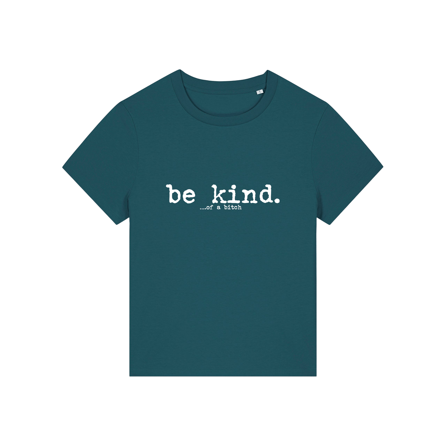 teal sarcastic t-shirt with the slogan 'be kind .. of a bitch'