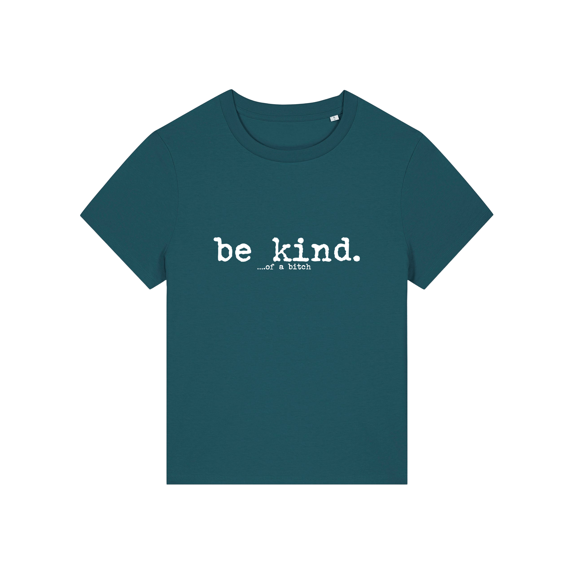 teal sarcastic t-shirt with the slogan 'be kind .. of a bitch'