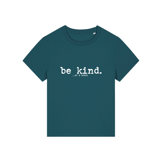 teal sarcastic t-shirt with the slogan 'be kind .. of a bitch'