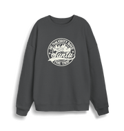 grey christmas sweatshirt with the slogan 'be naughty save santa the trip'