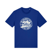blue christmas t-shirt with the slogan 'be naughty and save santa the trip'