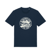 navy christmas t-shirt with the slogan 'be naughty and save santa the trip'