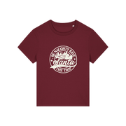 burgundy christmas t-shirt with the slogan 'be naughty save santa the trip'