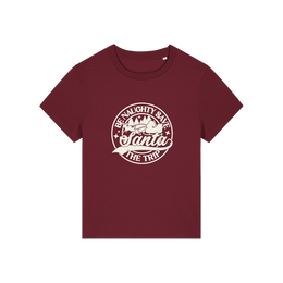 burgundy christmas t-shirt with the slogan 'be naughty save santa the trip'