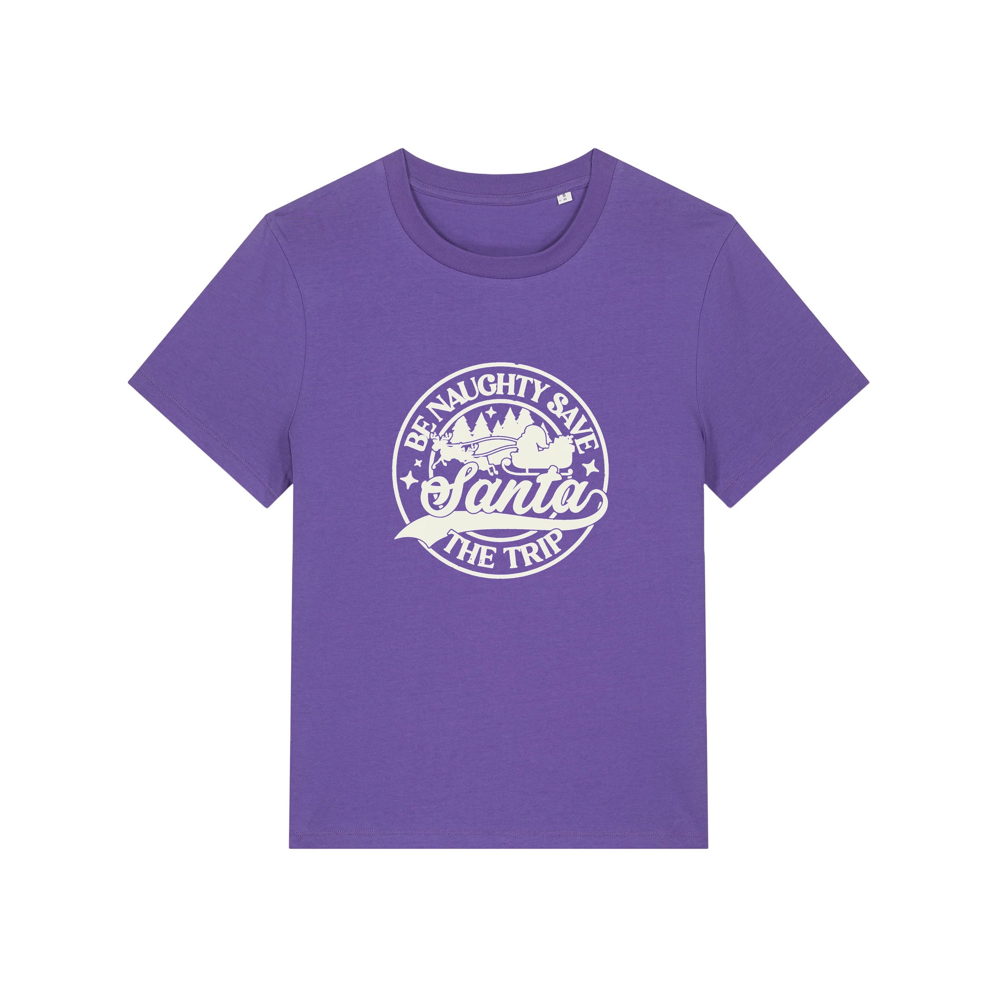 purple christmas t-shirt with the slogan 'be naughty save santa the trip'