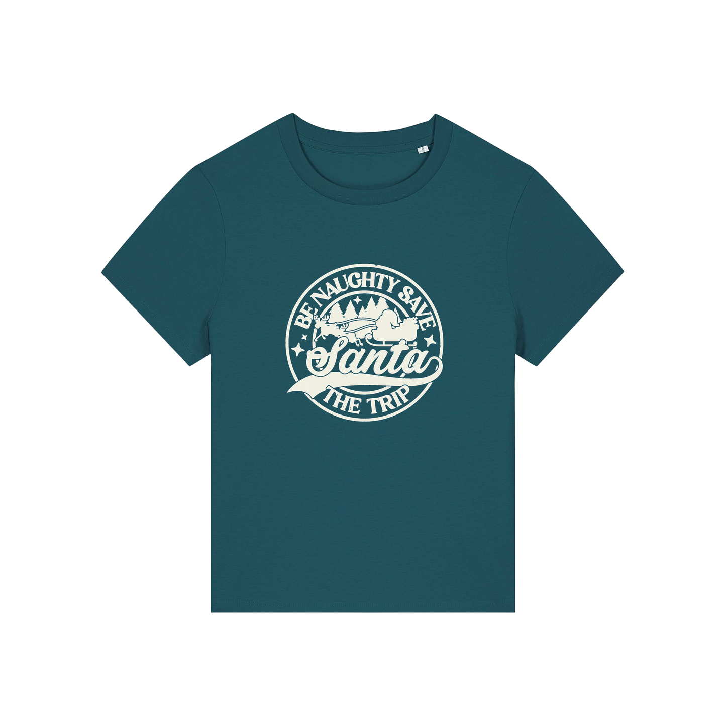 teal christmas t-shirt with the slogan 'be naughty save santa the trip'