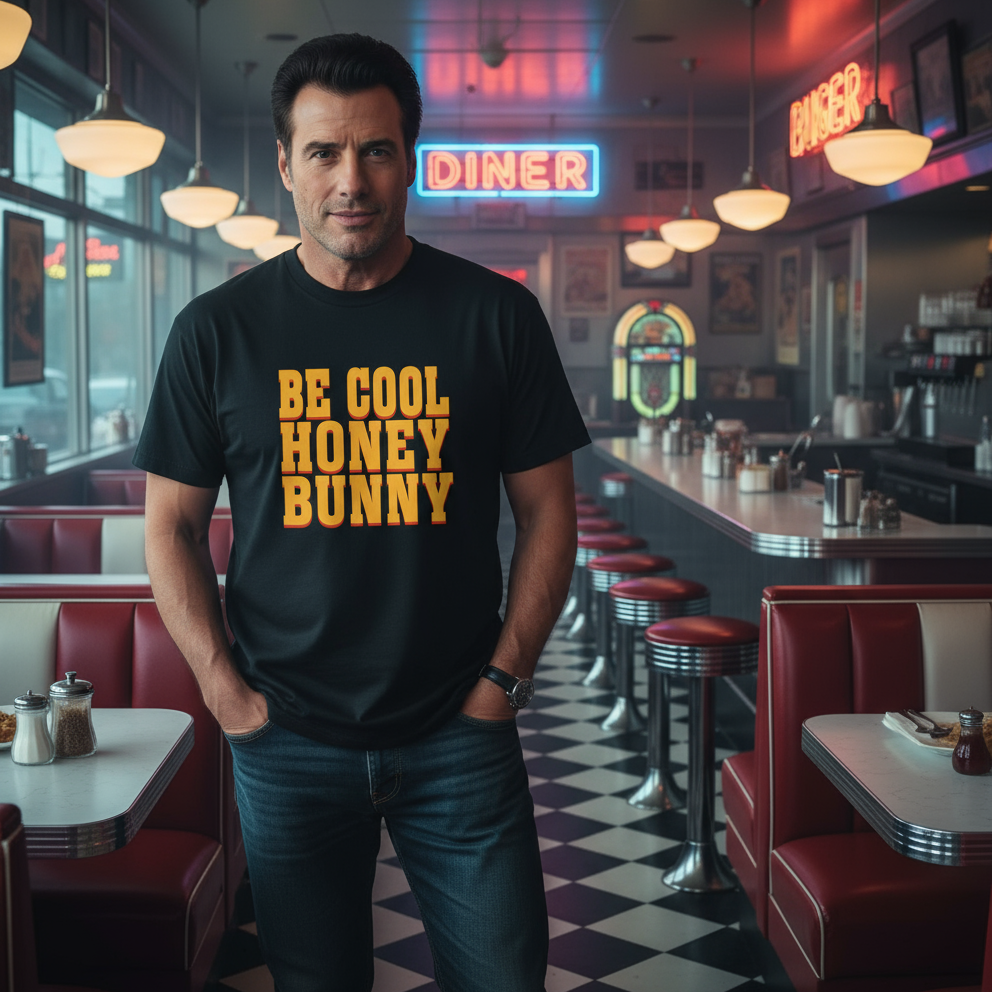 man stood in a diner whilst wearing a black slogan t-shirt that reads 'be cool honey bunny' 