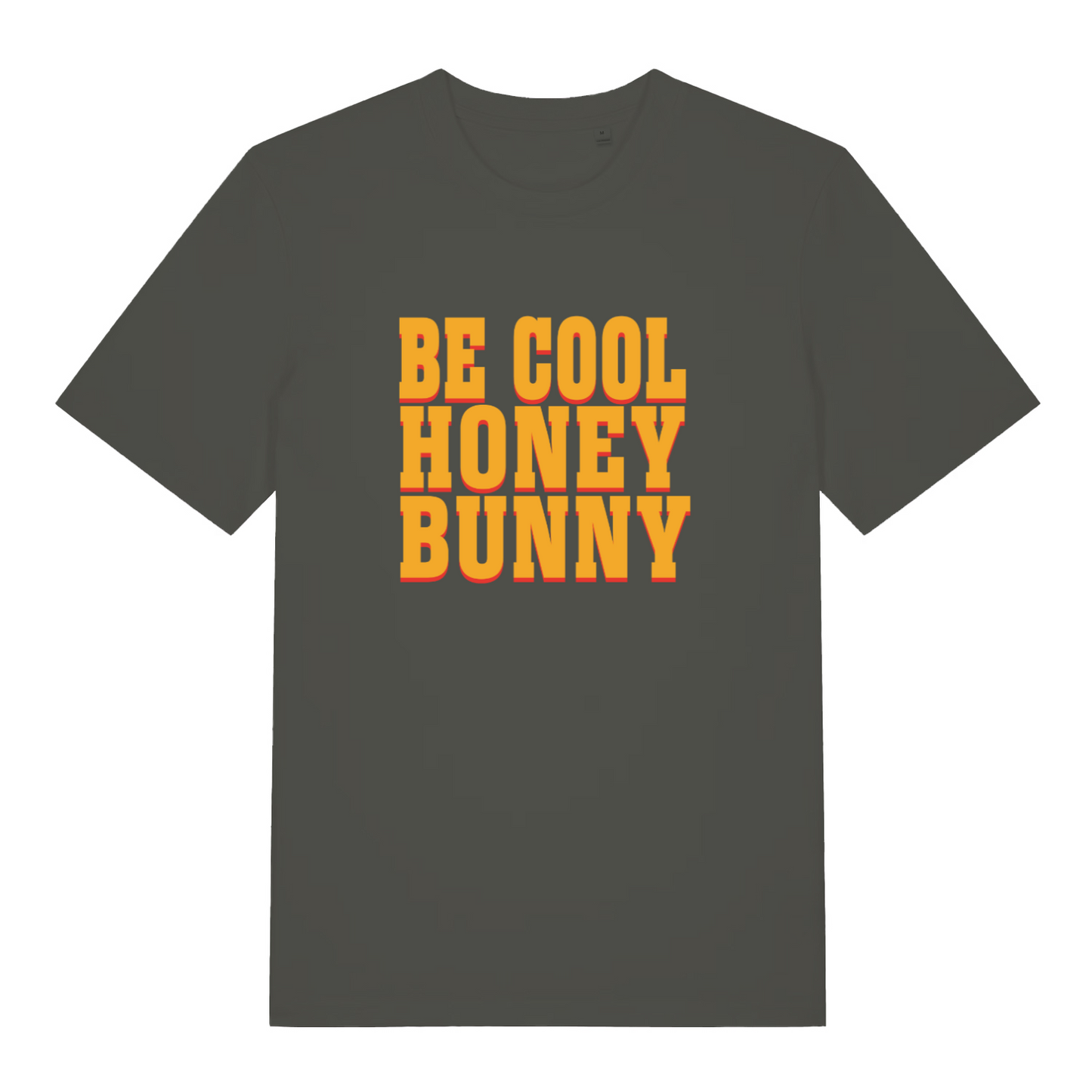 khaki movie tshirt with the slogan 'be cool honey bunny'