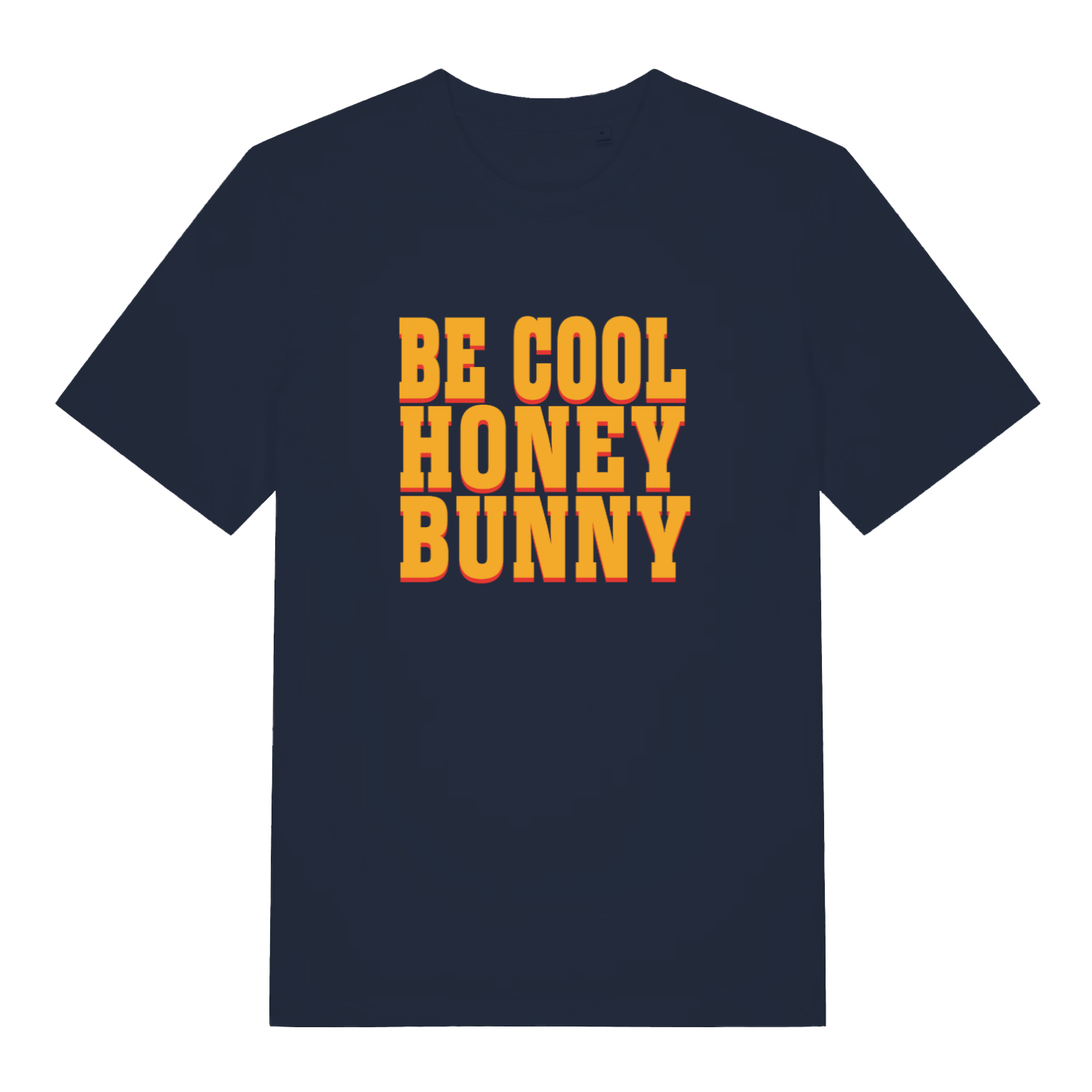 navy movie tshirt with the slogan 'be cool honey bunny'
