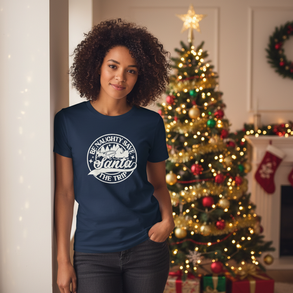 Woman wearing a navy blue t-shirt with a Christmas-themed design in front of a decorated Christmas tree.