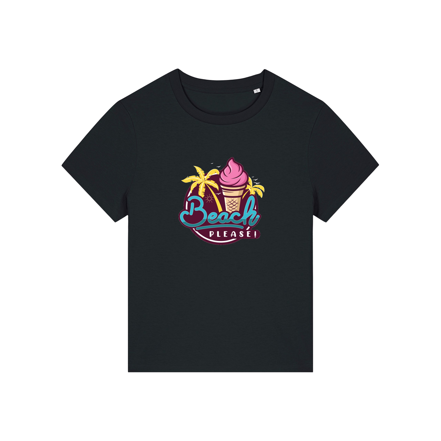 black graphic t-shirt with an ice cream and palm trees and the slogan 'beach please'
