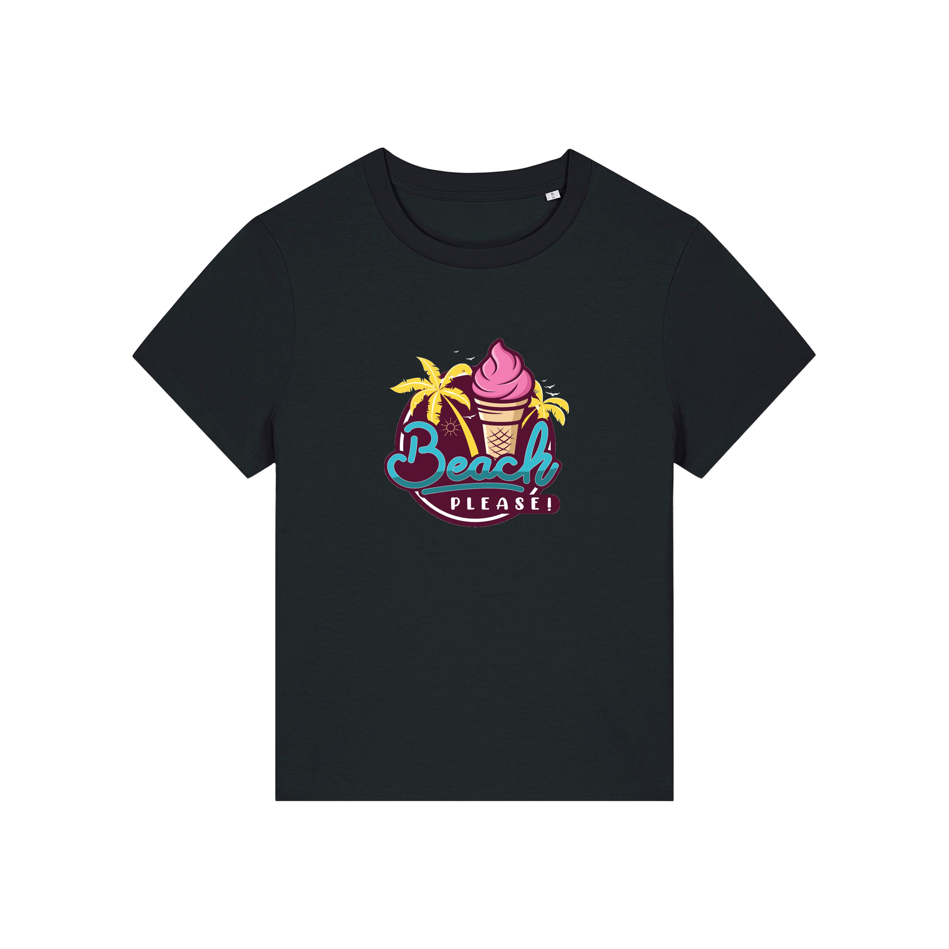 black graphic t-shirt with an ice cream and palm trees and the slogan 'beach please'
