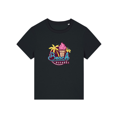 black graphic t-shirt with an ice cream and palm trees and the slogan 'beach please'
