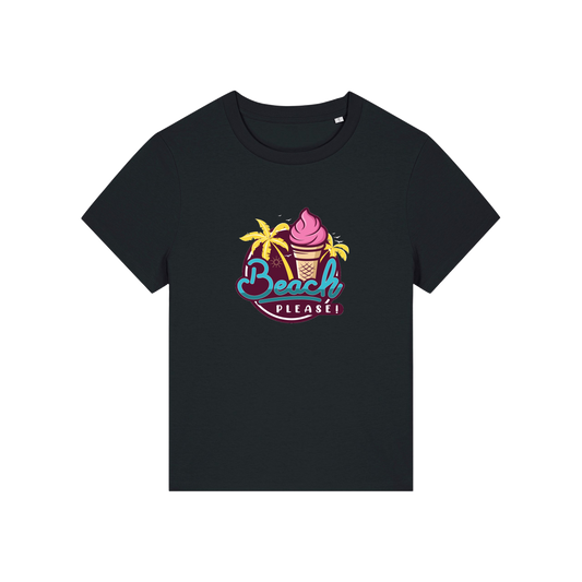 black graphic t-shirt with an ice cream and palm trees and the slogan 'beach please'