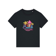 black graphic t-shirt with an ice cream and palm trees and the slogan 'beach please'