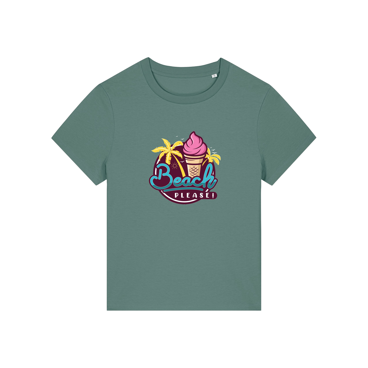 green graphic t-shirt with an ice cream and palm trees and the slogan 'beach please'