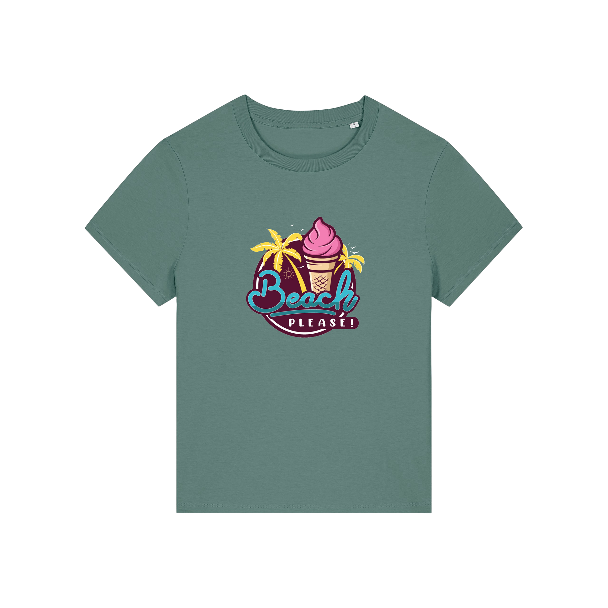 green graphic t-shirt with an ice cream and palm trees and the slogan 'beach please'