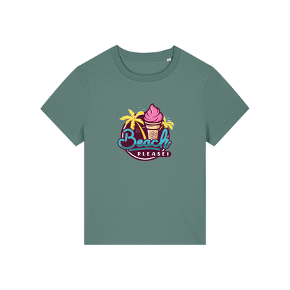 green graphic t-shirt with an ice cream and palm trees and the slogan 'beach please'