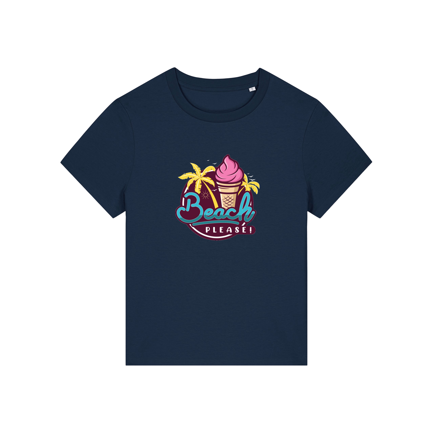 navy graphic t-shirt with an ice cream and palm trees and the slogan 'beach please'