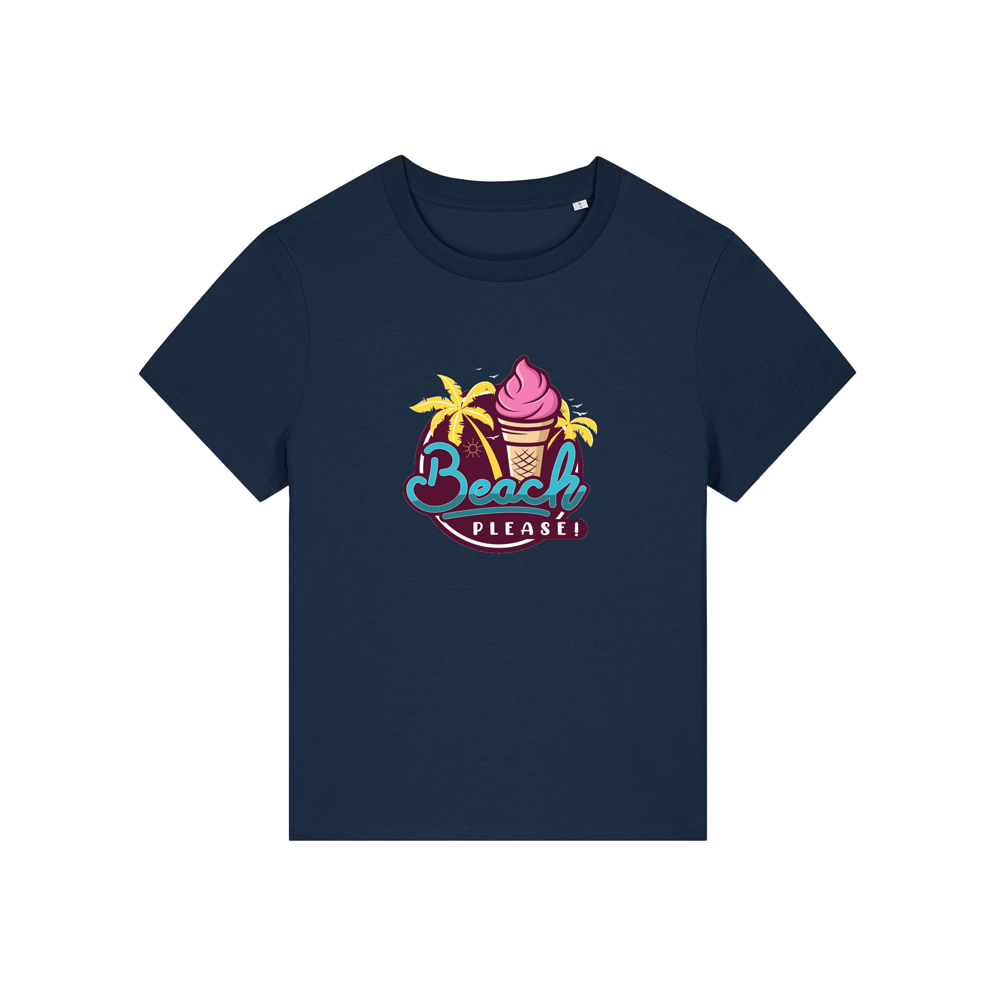 navy graphic t-shirt with an ice cream and palm trees and the slogan 'beach please'