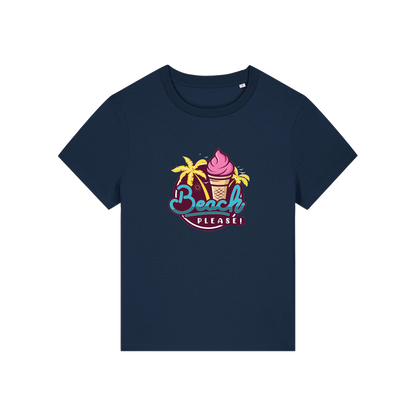 navy graphic t-shirt with an ice cream and palm trees and the slogan 'beach please'