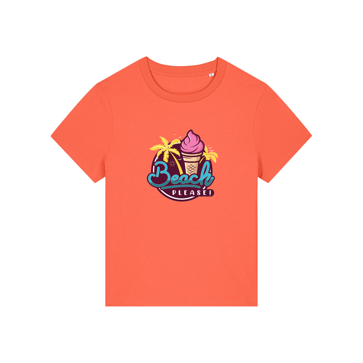 orange graphic t-shirt with an ice cream and palm trees and the slogan 'beach please'