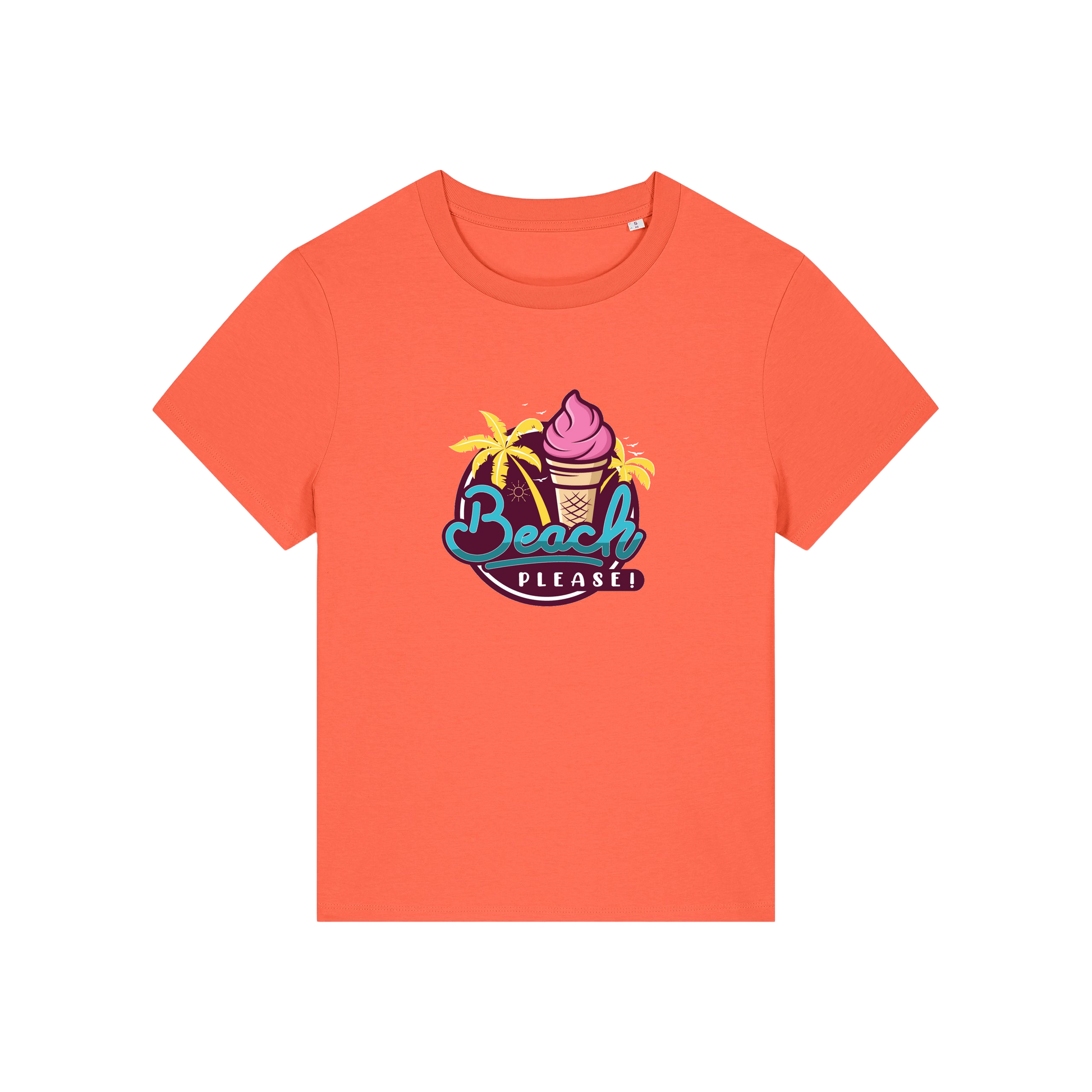 orange graphic t-shirt with an ice cream and palm trees and the slogan 'beach please'