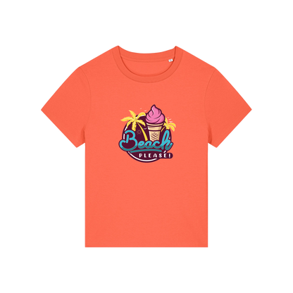 orange graphic t-shirt with an ice cream and palm trees and the slogan 'beach please'