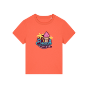orange graphic t-shirt with an ice cream and palm trees and the slogan 'beach please'