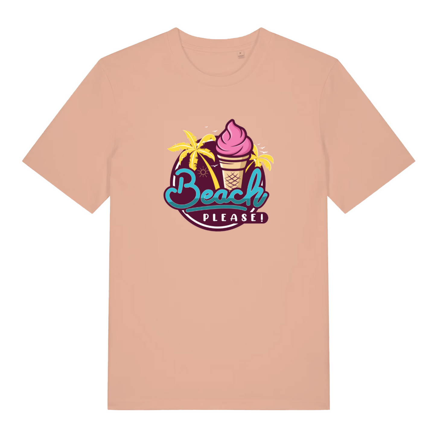 peach women's graphic t-shirt with ice cream cone and palm tree design on a white background