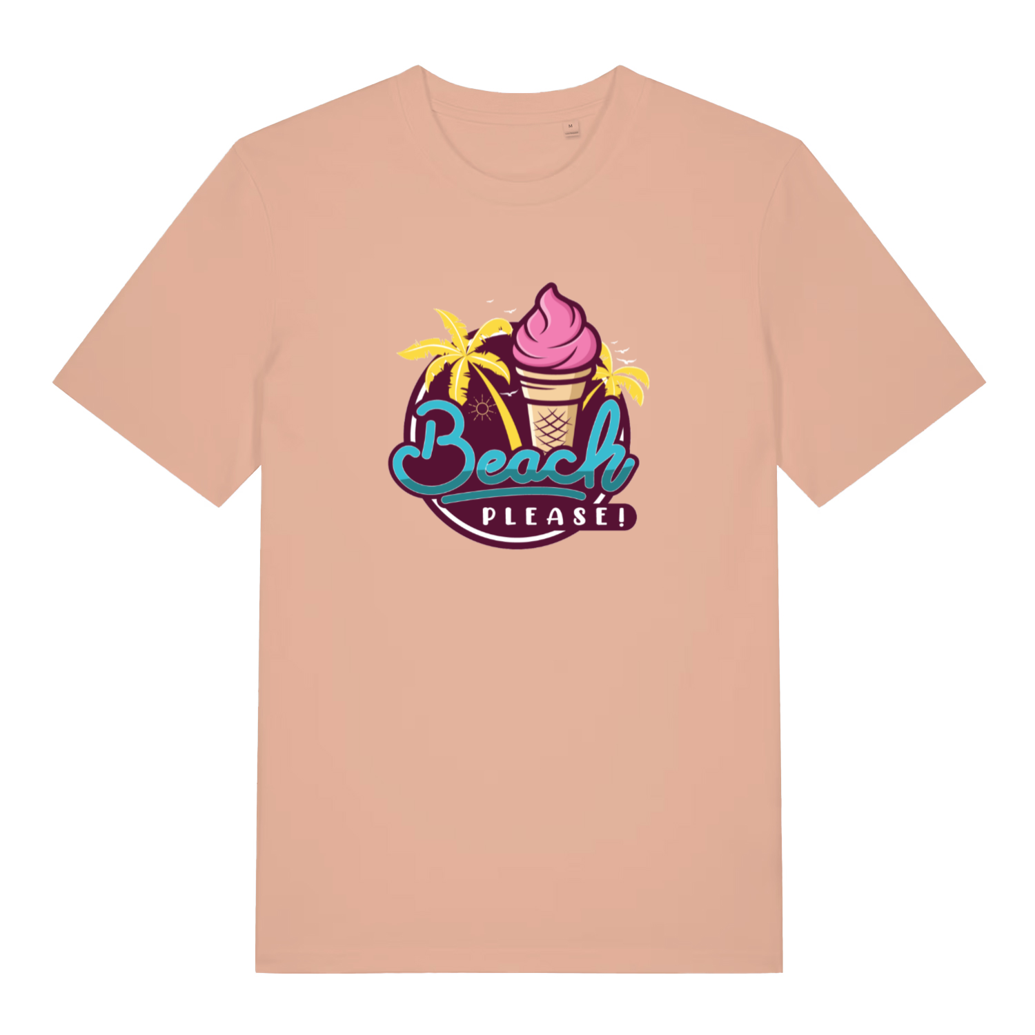 peach women's graphic t-shirt with ice cream cone and palm tree design on a white background