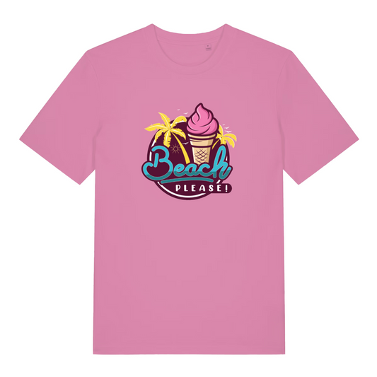 pink women's graphic t-shirt with ice cream cone and palm tree design on a white background