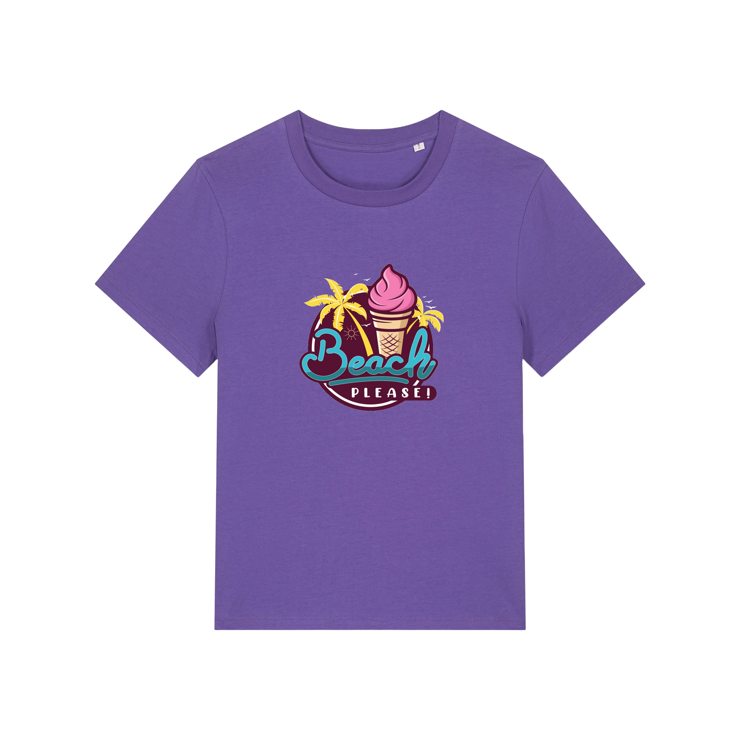 purple graphic t-shirt with an ice cream and palm trees and the slogan 'beach please'
