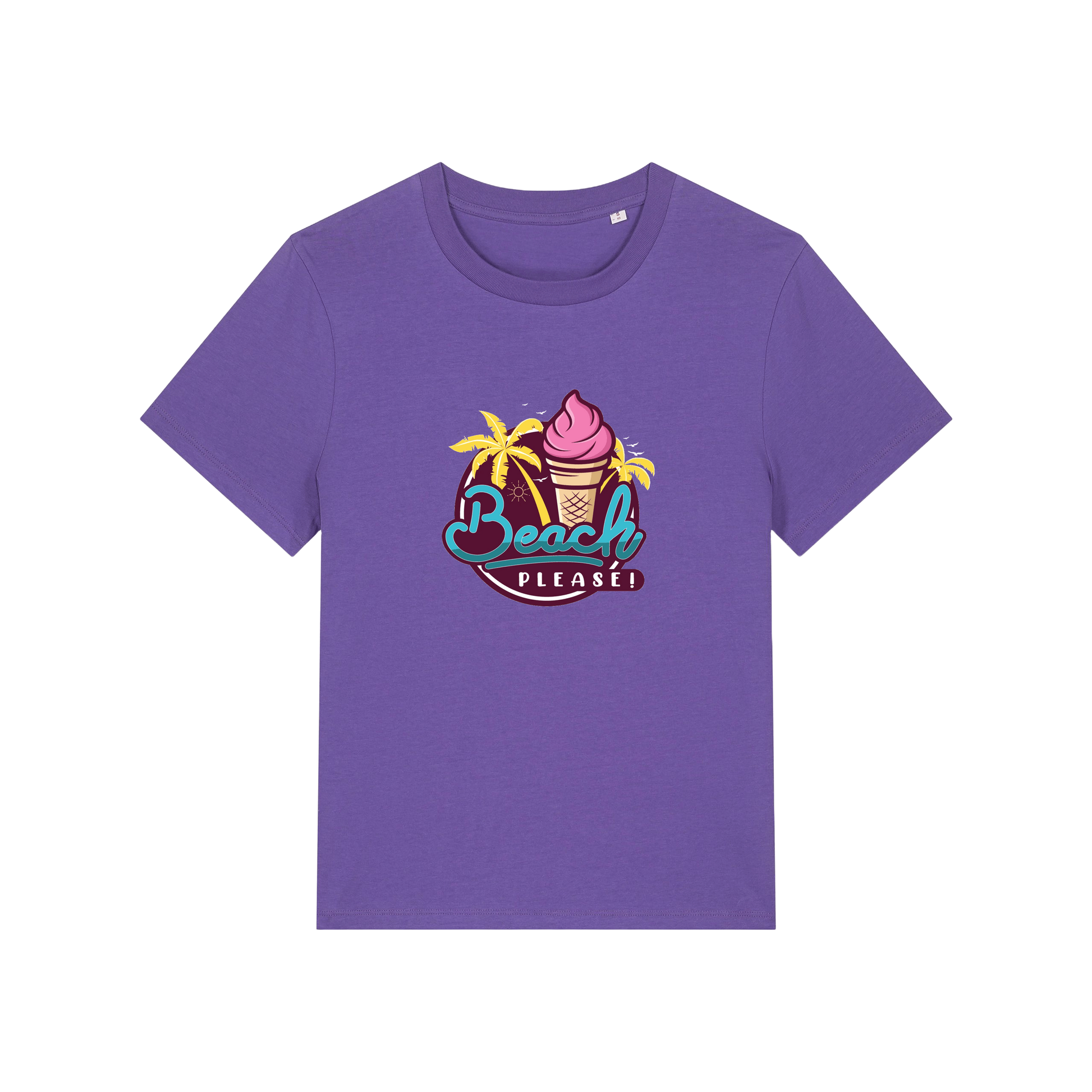 purple graphic t-shirt with an ice cream and palm trees and the slogan 'beach please'