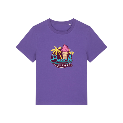 purple graphic t-shirt with an ice cream and palm trees and the slogan 'beach please'