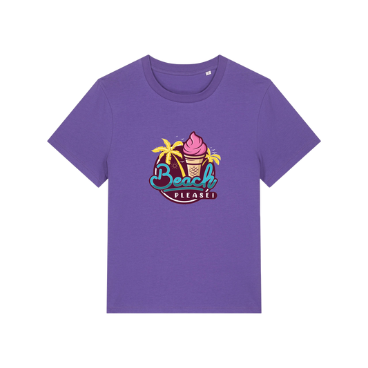 purple graphic t-shirt with an ice cream and palm trees and the slogan 'beach please'