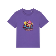 purple graphic t-shirt with an ice cream and palm trees and the slogan 'beach please'