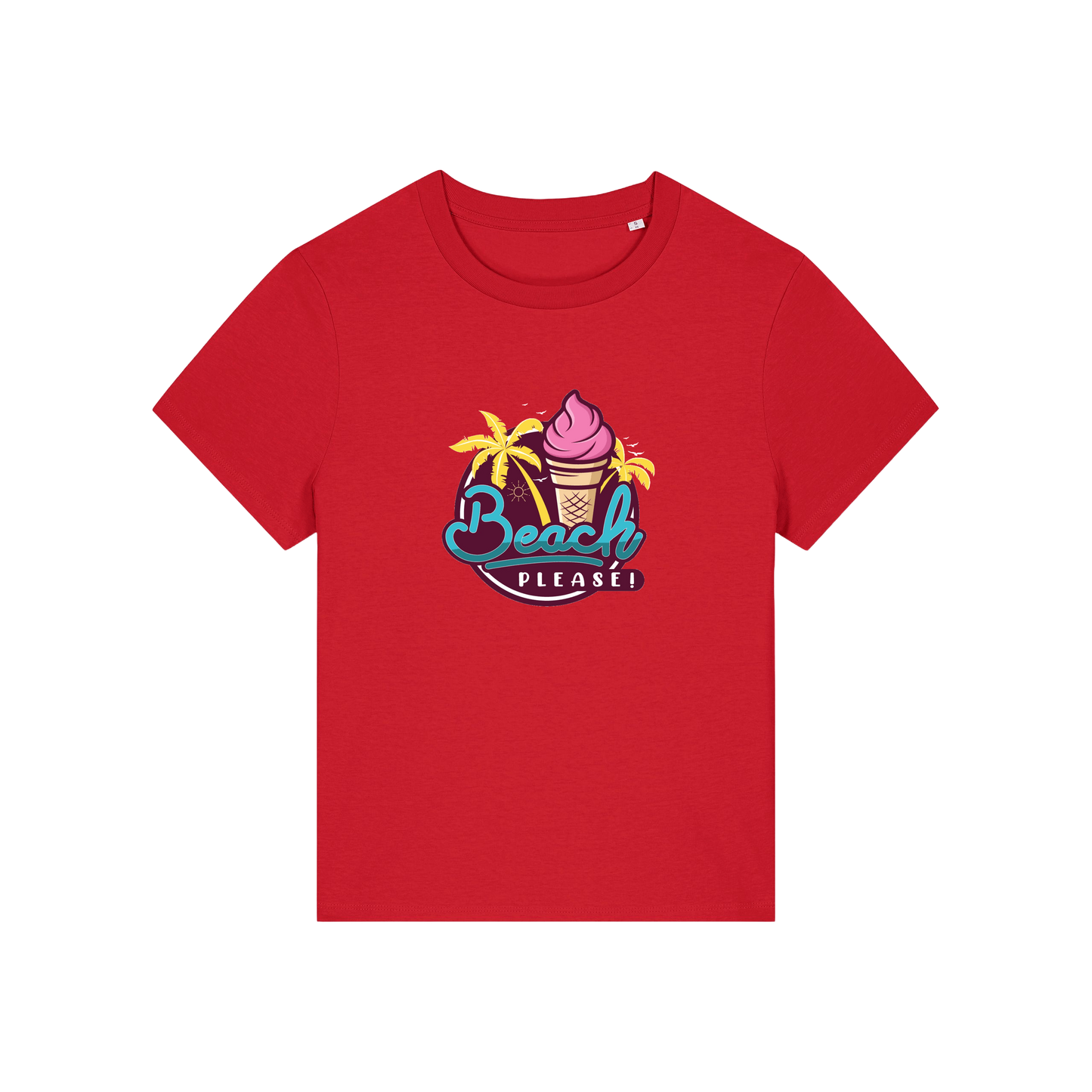 red graphic t-shirt with an ice cream and palm trees and the slogan 'beach please'