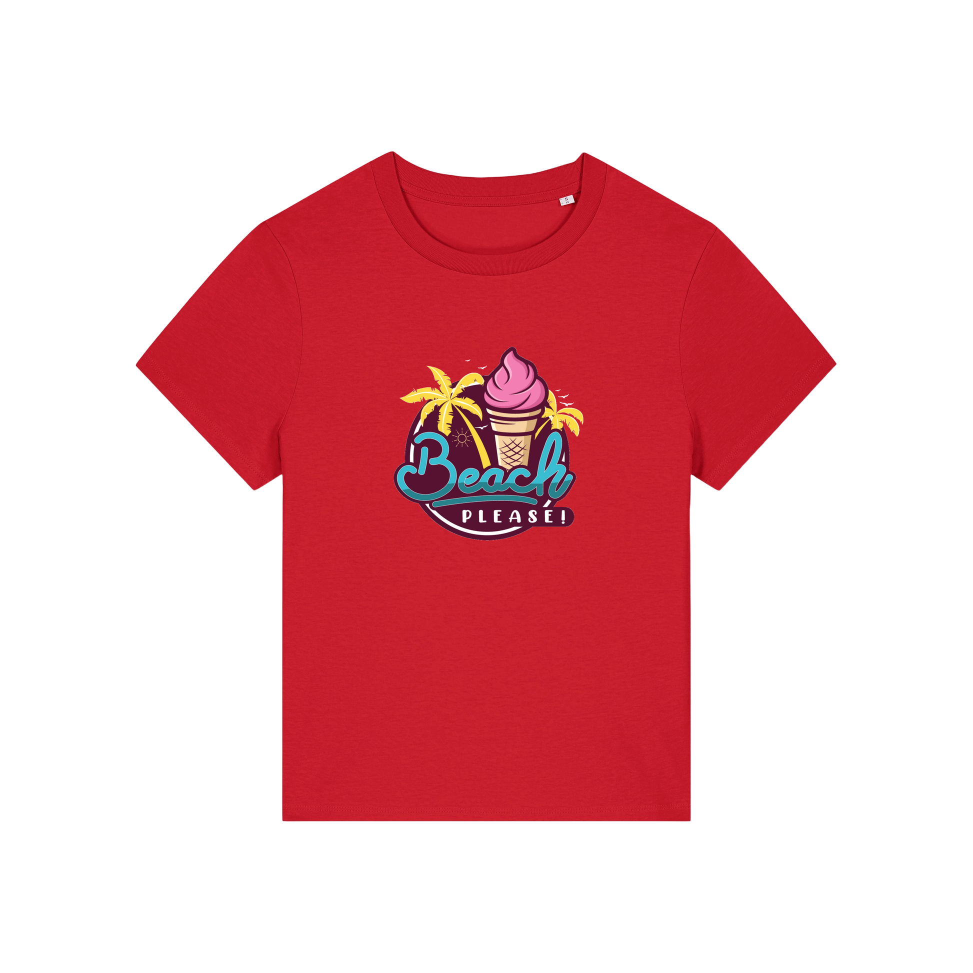 red graphic t-shirt with an ice cream and palm trees and the slogan 'beach please'